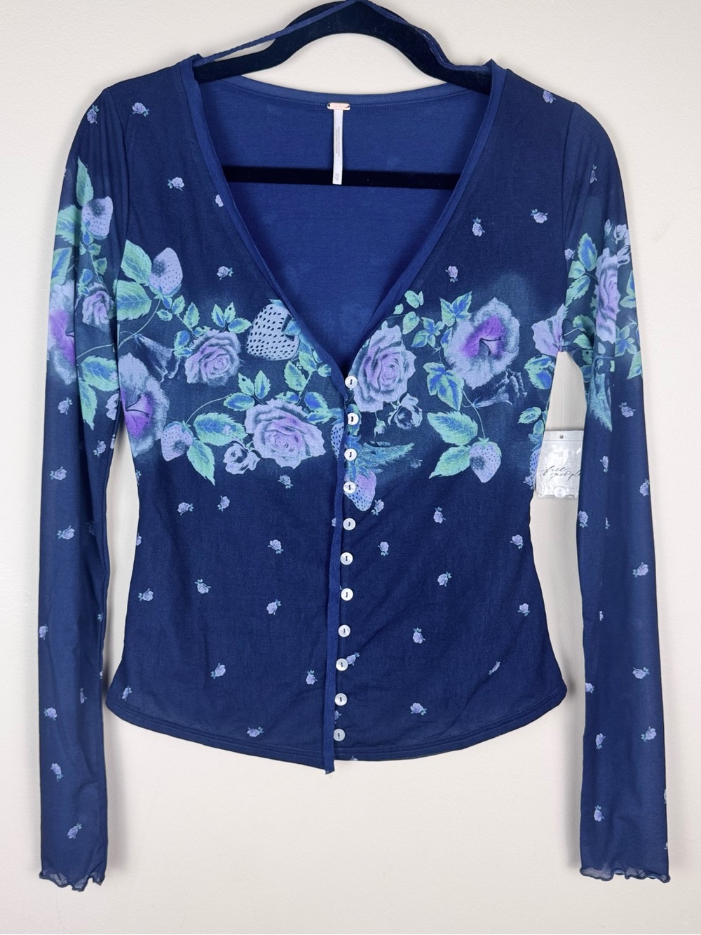 Free People Home Grown Mesh Cardi Floral Long Sleeve Button up Navy Top XS